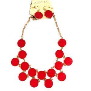 Stylish Gold-tone Red Flat Round Discs Necklace & Matching Earrings Set Women's